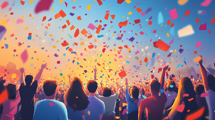 Multicolored confetti raining down on a cheering crowd, creating a sense of euphoria and shared celebration. Euphoria. Illustration