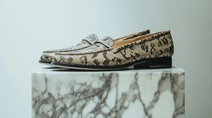 Elegant Snakeskin Loafers on Marble Display for Fashion Showcase