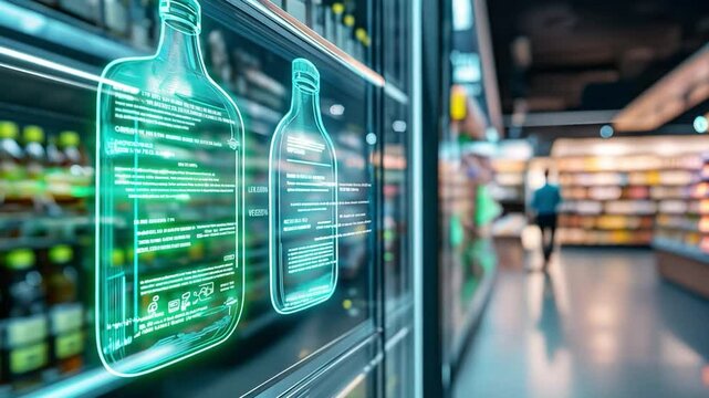 Smart labels illuminate product details in a sleek grocery store, enhancing customer experience with technology in a vivid setting
