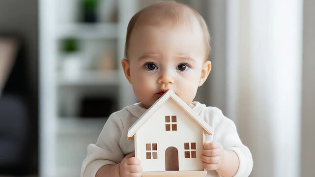 A curious infant examines a wooden house toy in a bright room, standing in a new home, showcasing concept of family housing and real estate investment
