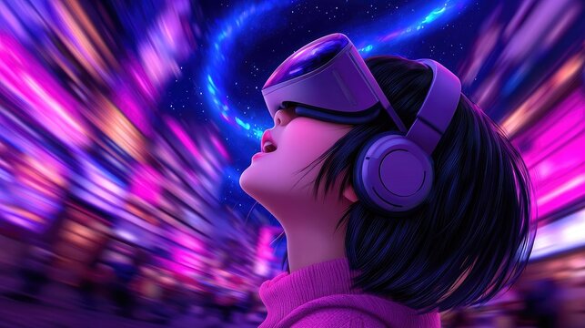 Virtual reality exploration by a young girl urban nightscape digital art futuristic environment close-up view imagination and innovation