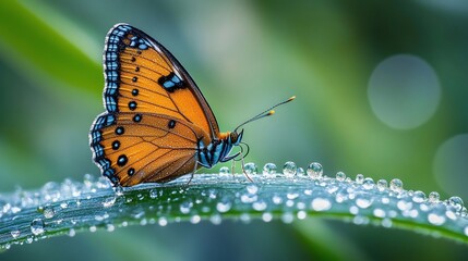Fototapeta premium Orange butterfly on dew-covered leaf.