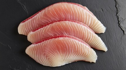 Fresh fish slices and fillets arranged artfully on a luxurious slate surface.