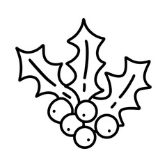 Sprig of holly with berries. Christmas traditional plant, winter season. New Year time. Black and white vector isolated illustration hand drawn. Icon clip art or card, design element
