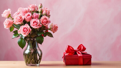 Obraz premium Pink roses in vase and gift box with satin bow on pastel pink wall background