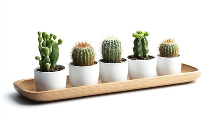 Cacti Arrangement in Modern White Pots on Wooden Tray