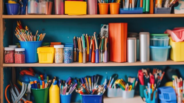 Colorful Art Supply Shelf with Various Tools and Organizers