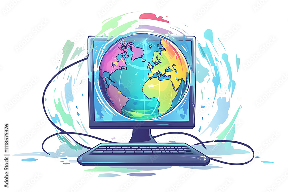 Poster a computer displaying a colorful globe, symbolizing global connectivity and technology.