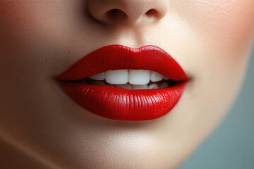 Obraz premium Close-up view of a perfectly made-up mouth showcasing vibrant red lips and bright white teeth in a softly lit area