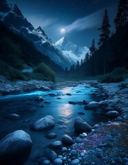 A dark, tar-like night at midnight, with snow-covered mountain forests and thick woods, creating a mysterious, serene winter scene.