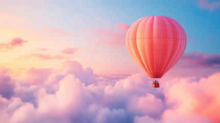 Fototapeta premium Pink hot air balloon flying over pastel clouds during a colorful sunset, offering a serene and dreamlike travel image