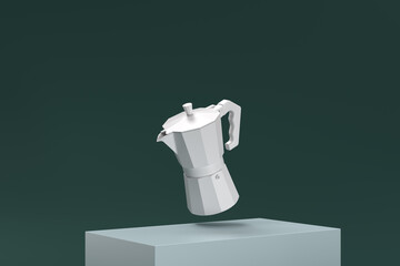 A white coffee pot is suspended in midair