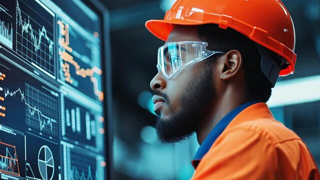 Engineer analyzes complex data on a high tech computer display while wearing safety gear in an industrial environment during the day