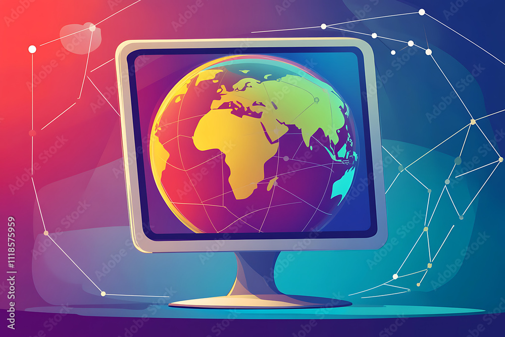 Poster a stylized computer monitor displaying a globe, symbolizing connectivity and technology.