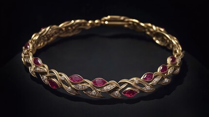 Fototapeta premium Intricate Gold Bracelet with Ruby and Diamond Accents on Dark Background