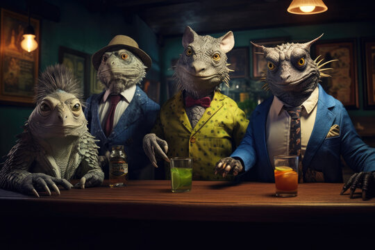 Group of anthropomorphic reptiles in suits seated at bar, humorous concept