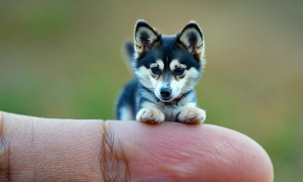 Tiny Pomsky Puppy Perched on a Fingertip, Adorable Miniature Dog