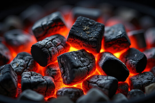 Close-up shot of burning charcoal briquettes with glowing embers, perfect for grilling and cooking. The red-hot coals symbolize warmth, energy, and the preparation for a delicious meal - Powered by Adobe
