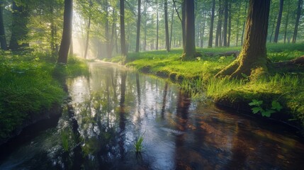 Obraz premium A serene forest scene with a gentle stream reflecting sunlight through trees.