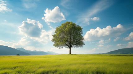 Obraz premium Scenic view of a solitary tree in a lush field with mountains and a dramatic cloudy sky creating a vibrant landscape