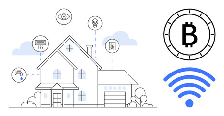 Modern house showcasing smart home automation including security, lighting, and climate control symbols. Cryptocurrency coin and wireless signal icon in the foreground. Ideal for IoT, tech, home