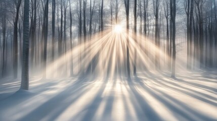 Sunlight streams through tall trees in a winter forest, casting magical rays across the frosty ground. The soft snow glistens while shadows dance in the cool, crisp air, evoking tranquility