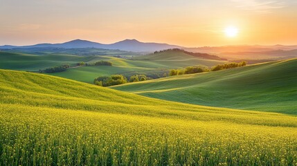 Naklejka premium A serene landscape showcasing rolling green hills under a vibrant sunset.