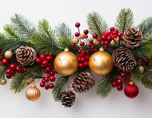 christmas garland with red and gold baubles berries and pinecones on a white background transparent