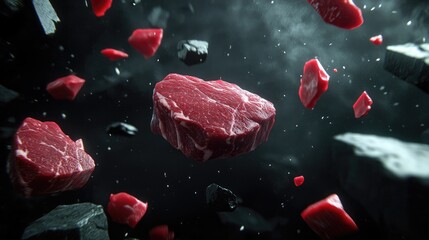Fototapeta premium Juicy beef steaks, marbled brisket, and tenderloin pieces suspended over a black stone background for a refined visual experience.