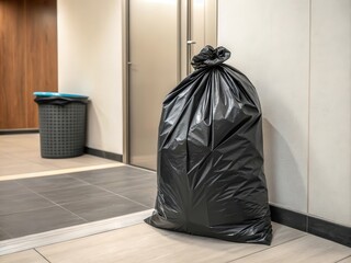 Large black garbage bag placed in hallway near trash bin