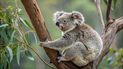 Koala sitting on eucalyptus tree branch in natural habitat