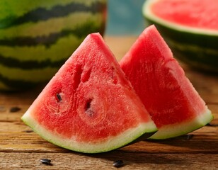 fresh ripe watermelon slices on wooden table