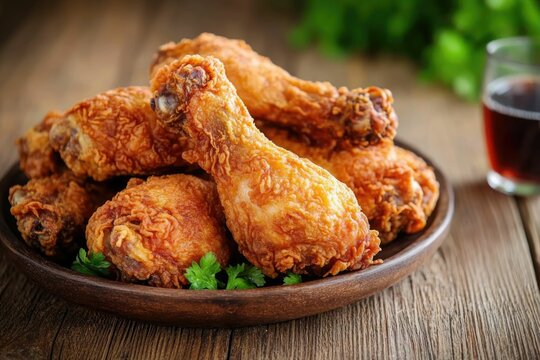 Crispy fried chicken with a cola on a rustic table showcasing Southern comfort food.
