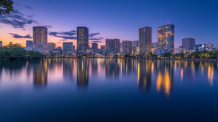 Fototapeta premium A serene city skyline reflected in water during twilight, showcasing urban beauty and tranquility.