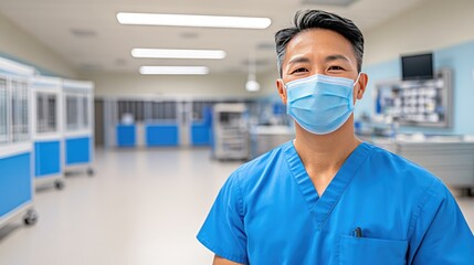 A female nurse wearing blue scrubs and a surgical mask looks directly at the viewer. The background shows a healthcare facility, indicating a setting of care during a pandemic or emergency