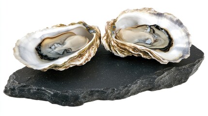 Open oyster shells with glistening meat floating above a luxurious black stone.