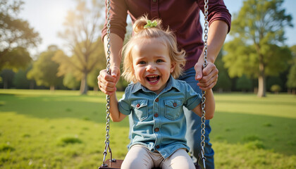 Father pushing daughter on a swing joyfully in a bright park during sunny weather.
