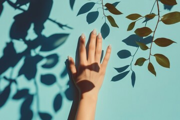 Hand with well groomed nails against light blue wall with leaf shadows.