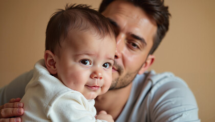 Father and baby sharing a tender moment, smiling at each other in a cozy indoor setting.
