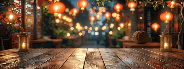 Wooden Table with Lanterns and Blurred Asian Street Background at Night