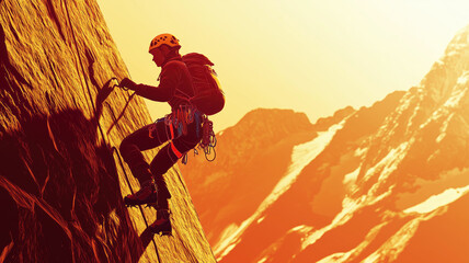 Generative AI illustration of side view of active climber in protective helmet hanging on mountain holding on to rope in warm light of sunset