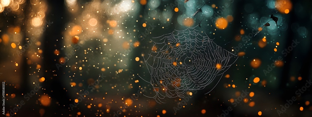 Wall mural a close-up of a spider web in the forest, with blurred trees and bokeh effects creating a mysterious