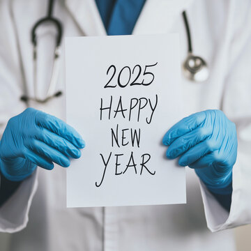 Concept of the new 2025 medical year. The doctor wishing Happy New Year 2025. Generative AI