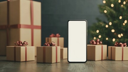 Smartphone with blank screen and gift boxes for e-commerce ads.