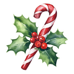 Christmas watercolor with red and white candy cane on transparent background. Vector illustration