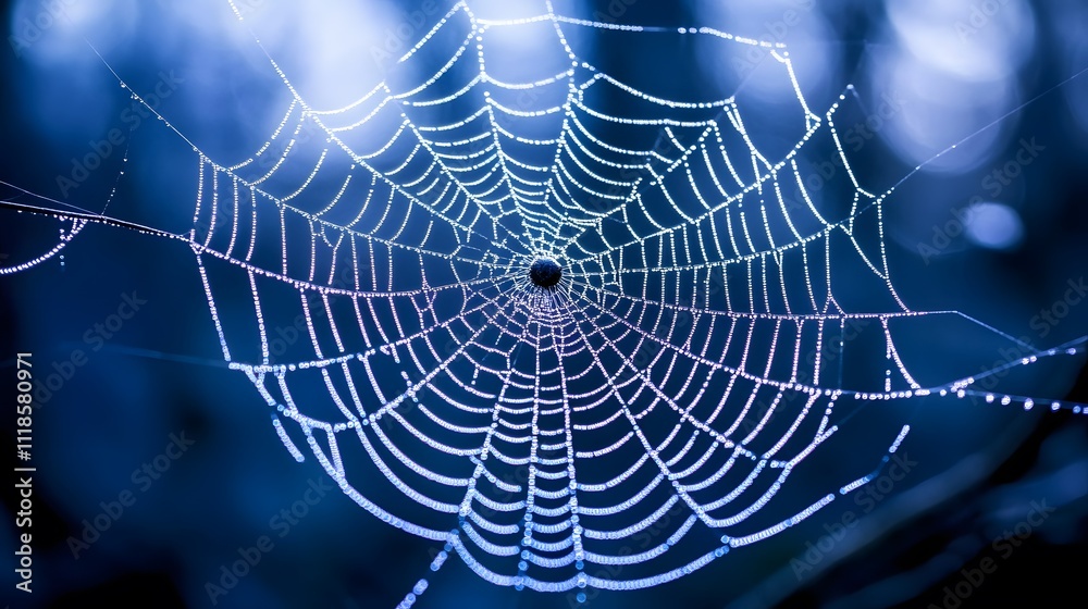 Wall mural a close-up of a spider web in the forest, with blurred trees and bokeh effects creating a mysterious