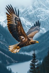 Majestic eagle soars above a serene lake and snow-capped mountains under a cloudy sky during early morning light