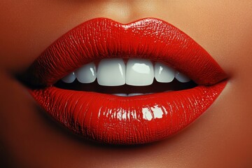 Fototapeta premium Bright red lips showcase perfect white teeth in a close-up shot, highlighting beauty and glamour within a minimalist background