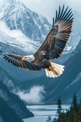 Fototapeta premium Majestic eagle soaring above snow-capped mountains with a peaceful lake in the valley during a cloudy day