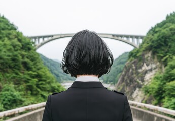 美しい自然に囲まれた橋を見つめる黒髪の人物